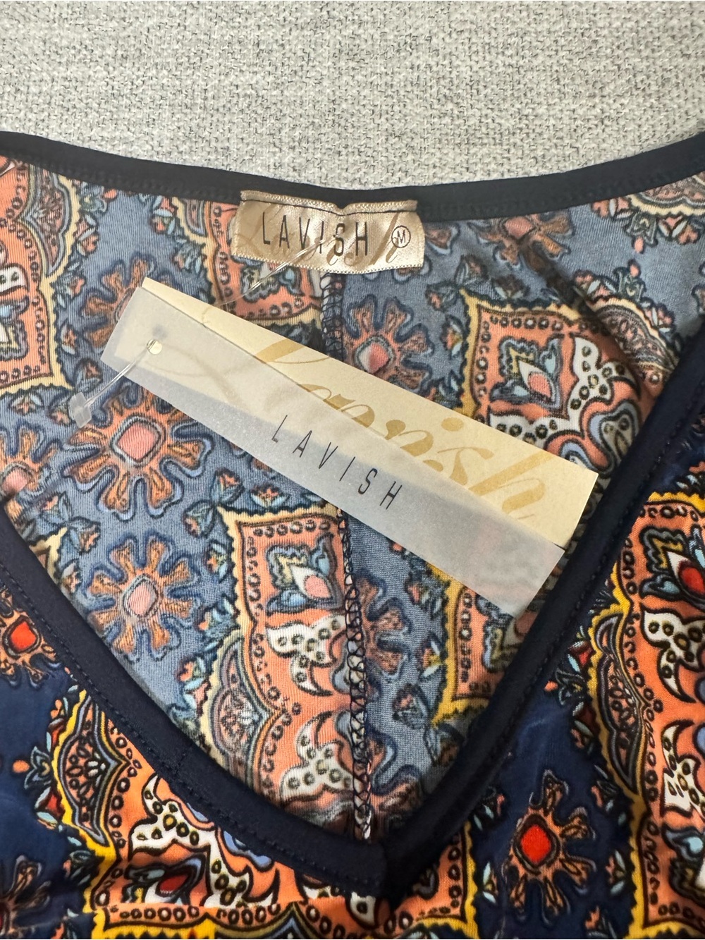 Lavish Navy and Rust Boho Tile Print Short Sleeve Top - Picture 2 of 3
